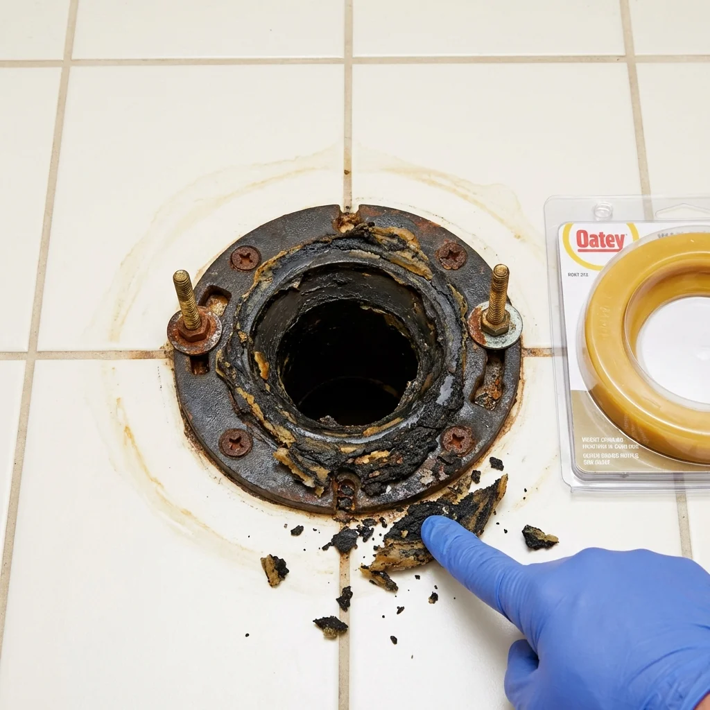 Failed wax ring showing water seepage at the base of a toilet in a Adams, NY home