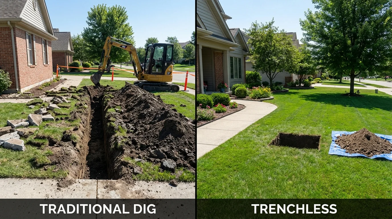 Trenchless sewer repair with minimal yard damage versus traditional excavation in Adams, NY